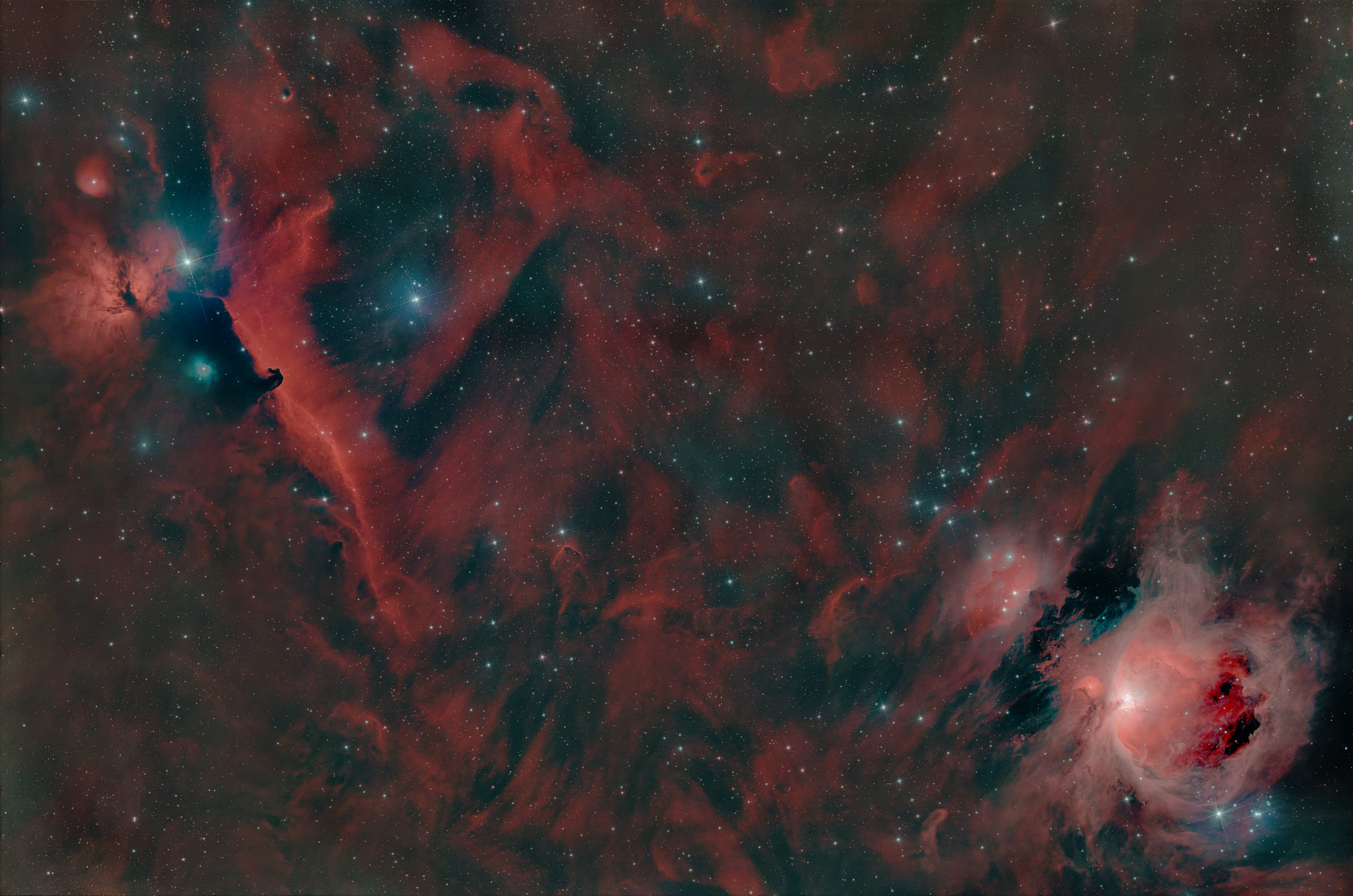 Wide field image in the constellation Orion. Orion Nebula M 42 lower right, Flame Nebula NGC 2024 upper left and Horsehead Nebula Barnard 33 below and right of the Flame Nebula.